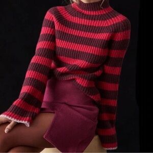 Maeve Anthropologie Wool mock neck bell sleeve striped knit sweater pink Maroon